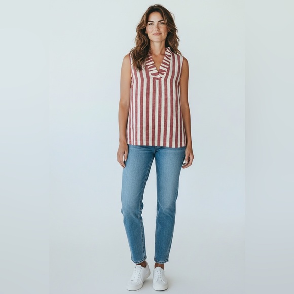 crown & ivy Tops - Crown & Ivy 100% Linen Ruffle Neck Sleeveless Blouse L NWT Red Stripe